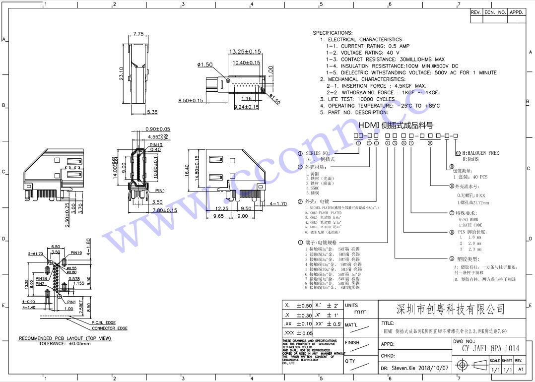 HDMI 侧插式成品两K脚两直脚不带螺孔针长2.3,两K脚边距7.80.jpg